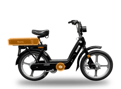 Kit trasformazione elettrica NOIL per Piaggio Ciao, vista laterale arancio. Foto del fornitore.